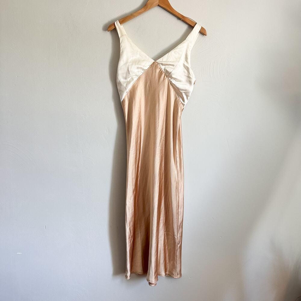 Things Between Cream & Tan Satin V-Neck Sheath Maxi Dress